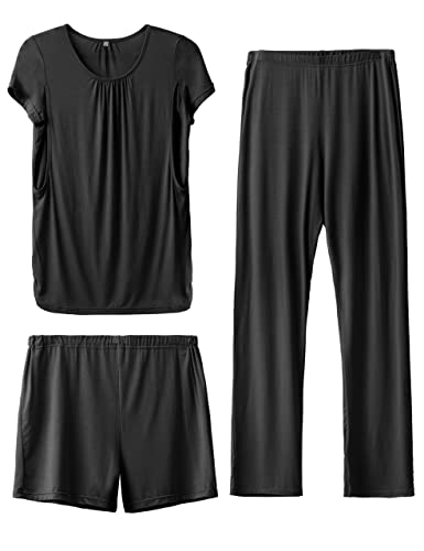 SUNNYBUY Damen Umstandsmode Stillpyjama-Set, Kurzarm-Stillshirts, Schwangerschafts-Shorts und Hosen, 3-teiliges Stillpyjama-Set, Schwarz 2XL von SUNNYBUY