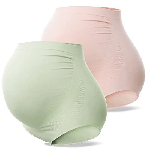 SUNNYBUY Frauen Mutterschaft Hohe Taille Unterwäsche Schwangerschaft Nahtlose Weiche Hipster Höschen Über Bump, 1 Grün, 1 Haut, 2er-Pack, M von SUNNYBUY