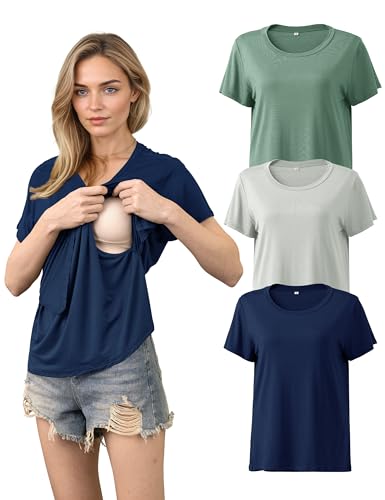SUNNYBUY Still T-Shirts 3er-Set – Stillshirt Kurzarm für Damen – Bequeme Umstandsmode für Schwangerschaft und Stillzeit, Cremegrau+Salbeigrün+Marineblau XXL von SUNNYBUY
