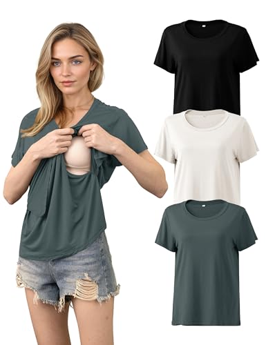 SUNNYBUY Still T-Shirts 3er-Set – Stillshirt Kurzarm für Damen – Bequeme Umstandsmode für Schwangerschaft und Stillzeit, Schwarz+Cremeweiß+Anthrazitgrau XXL von SUNNYBUY