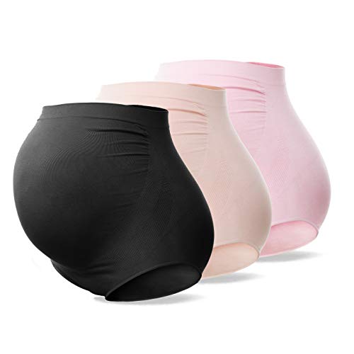 SUNNYBUY Damen Umstandsmode Hohe Taille Unterwäsche Schwangerschaft Nahtlos Weich Hipster Panties Over Bump, Schwarz Beige Rosa-3er Pack, L von SUNNYBUY