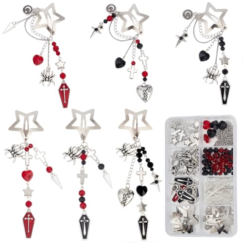 SUNNYCLUE 1 Box DIY 6 Sets Quasten Haarspangen Making Kit Halloween Gothic Haarspangen Kreuz Sarg Charms Schwarz Rot Herz Perlen Stern Haarnadeln Zubehör für Frauen Zopf Lang Kurz Dünn Dickes Haar von SUNNYCLUE