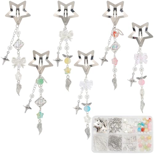SUNNYCLUE 1 Box DIY 6 Sets Stern Quaste Haarspangen Bastelset Sterne Haarspangen Niedliche Flügel Schleife Perlen Anhänger Haarspange Mit Quasten Druckknopf Haarspangen Für Frauen Zopf Langes Kurzes D von SUNNYCLUE