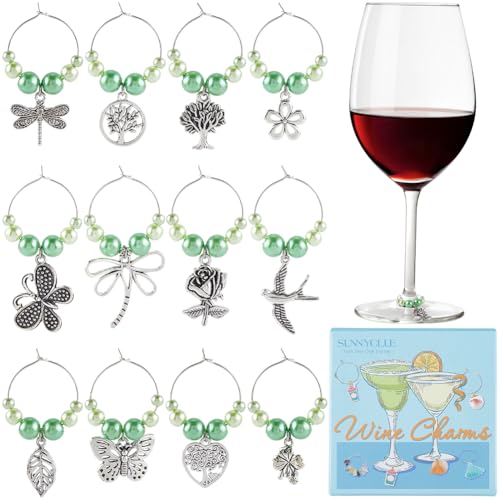 SUNNYCLUE 1 Box mit 12 grünen Weinglas-Anhängern in 12 Stilen, Silber-Getränke-Charms, Metalllegierung, der Baum des Lebens, Libellen, Schmetterling, Blume, Blatt, Beads, Identifikationsanhänger für von SUNNYCLUE
