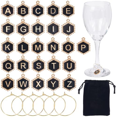 SUNNYCLUE 1 Box mit 26 Buchstaben, Weinanhänger, Alphabet, Getränke-Anhänger, Goldlegierung, Emaille, Sechseck, Schwarz, A bis Z, Messingringe mit Samtbeuteln für Stiel, Gläser, Verkostungsparty SUNNYCLUE 1 Box mit 26 Buchstaben, Weinanhänger, Alphabet, Getränke-Anhänger, Goldlegierung, Emaille, Sechseck, Schwarz, A bis Z, Messingringe mit Samtbeuteln für Stiel, Gläser, Verkostungsparty von SUNNYCLUE