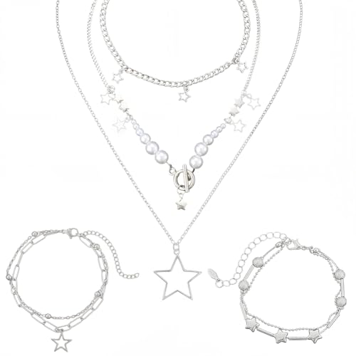 SUNNYCLUE 2 Set Mehrlagiges Schmuckset Ästhetische Armbänder Silberner Stern Halsreif Modisches Vintage Mehrstrang Armband Kette Niedlich Kawaii Verstellbar Trendige Mehrlagige Halsketten Für Frauen U von SUNNYCLUE