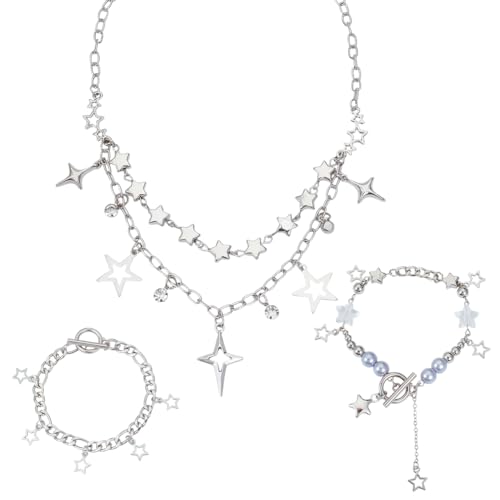 SUNNYCLUE 2 Set Mehrlagiges Schmuckset Mehrlagige Halsketten Trendige Ästhetische Vintage Halskette Mit Stern Und Mond Verstellbar Silberfarben Boho Süße Kawaii Armbänder Mit Mehreren Strängen Für Fra von SUNNYCLUE