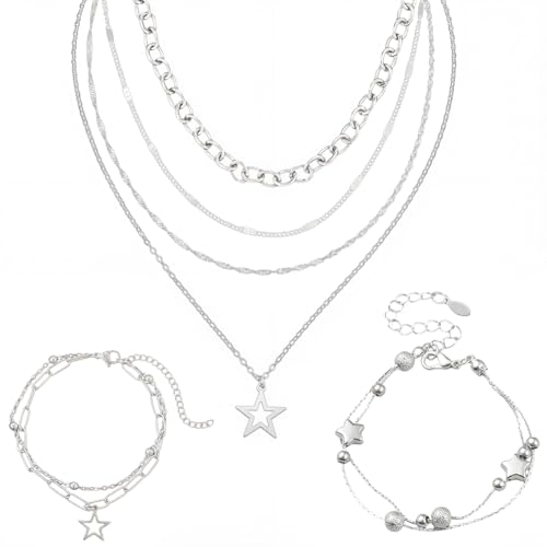 SUNNYCLUE 2 Set Mehrreihige Halsketten Ästhetisches Armband Set Mond Und Stern Halskette Choker Verstellbar Süß Kawaii Silberfarben Mehrreihige Armbänder Trendiger Mehrreihiger Schmuck Für Frauen Und von SUNNYCLUE
