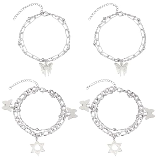 SUNNYCLUE 4 Stück Mehrlagige Armbänder Ästhetisches Armband Set Silberne Mehrsträngige Ketten Schmetterlings Stern Charms Boho Stapelbar Süßes Kawaii Punk Schmuckset Für Frauen Erwachsene Freunde Gesc SUNNYCLUE 4 Stück Mehrlagige Armbänder Ästhetisches Armband Set Silberne Mehrsträngige Ketten Schmetterlings Stern Charms Boho Stapelbar Süßes Kawaii Punk Schmuckset Für Frauen Erwachsene Freunde Gesc von SUNNYCLUE