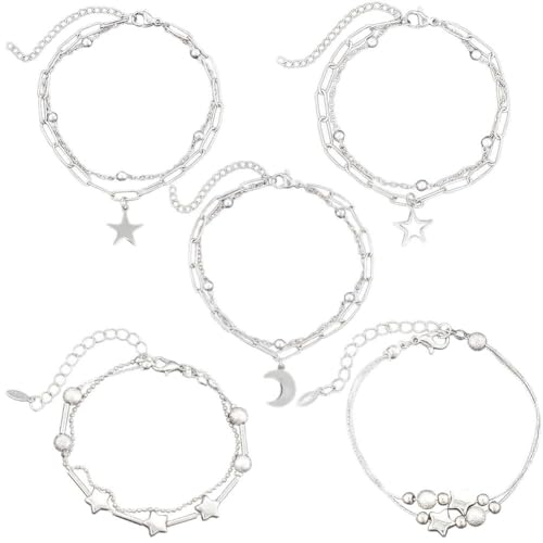 SUNNYCLUE 5 Stück Mehrlagige Armbänder Kettenarmbänder Set Silberne Ästhetische Vintage Kette Mehrsträngige Ketten Mit Verlängerung Mond Und Sternanhängern Trendiger Mehrlagiger Schmuck Für Frauen Und von SUNNYCLUE