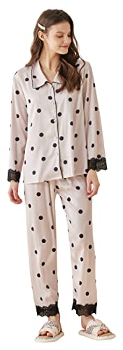 SUNNYNINI Seidenähnliches-Tupfendruck-Pyjama für Damen Langarm mit V-Ausschnitt und schwarzen Spitzenmanschetten Satinähnlicher Schlafanzug Hausanzug Set von SUNNYNINI