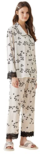 SUNNYNINI Seidenähnliches-Blumendruck-Pyjama für Damen mit V-Ausschnitt und schwarzen Spitzenmanschetten Satinähnlicher Schlafanzug Hausanzug Set von SUNNYNINI