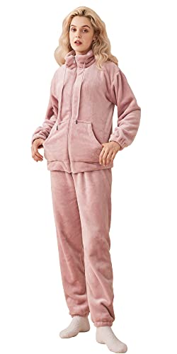 SUNNYNINI Verdickter Flanell-Pyjama Damen Set Kuschelig Warm, Zweiteiliger Fleece Hausanzug Schlafanzug Freizeitanzug Komfortable Liebespaar-Sorte (as3, Alpha, m, Regular, Regular, Rosa) von SUNNYNINI