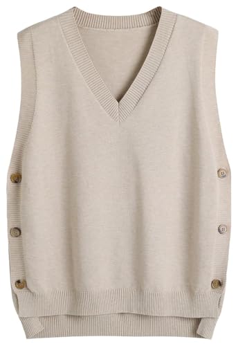 SUNSESS Damen Pullunder mit V Ausschnitt Ärmellos Pullover Strickweste mit Seitlichen Knöpfen Asymmetrisch Gerippt Tank Tops (DE/NL/SE/PL, Alphanumerisch, XXL, Regular, Regular, Standard, Khaki) von SUNSESS