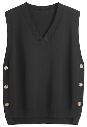 SUNSESS Damen Pullunder mit V Ausschnitt Ärmellos Pullover Strickweste mit Seitlichen Knöpfen Asymmetrisch Gerippt Tank Tops (DE/NL/SE/PL, Alphanumerisch, L, Regular, Regular, Standard, Schwarz) von SUNSESS