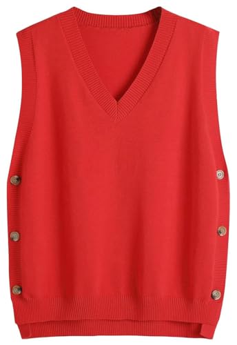 SUNSESS Damen Pullunder mit V Ausschnitt Ärmellos Pullover Strickweste mit Seitlichen Knöpfen Asymmetrisch Gerippt Tank Tops (DE/NL/SE/PL, Alphanumerisch, L, Regular, Regular, Standard, Rot) von SUNSESS