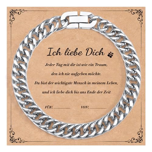 SUNSH Valentinstag Geschenke Für Ihn,Herrenarmband,Geschenke Für Mann/Freund/Ehemann,Geburtstag/Valentinstag,Edelstahlarmband Cuban Chain Slot Chain Plate Armband-Ich Liebe Dich-23Cm von SUNSH