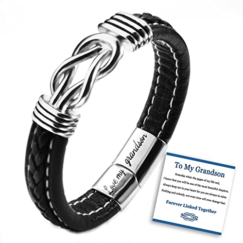 SUNSH Immer miteinander verbunden geflochtene Leder Armbänder Edelstahl Armband für Männer mit Zitat Manschette 9’ Zoll Armband für Enkel Inspirierendes Geschenk Enkel Freund Teenager von SUNSH