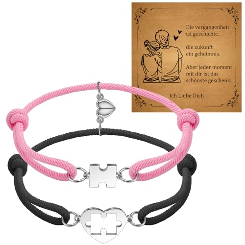 SUNSH Magnetisches Paar-Armband Companion Männer Und Frauen 2 Stück Magnetische Liebe Puzzle Gewebt Armband (Schwarz/Rosa)Abstand Beziehung Armband Valentinstag, Jahrestag von SUNSH