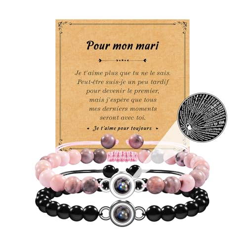 SUNSH Paararmband Ich liebe dich in 100 Sprachen Projektion Onyx Weiß Türkis Für Mari Seele Schwester Geburtstag Valentinstag Weihnachten Hochzeit Geburtstag Geschenk für Ihn Geschenk für Männer von SUNSH