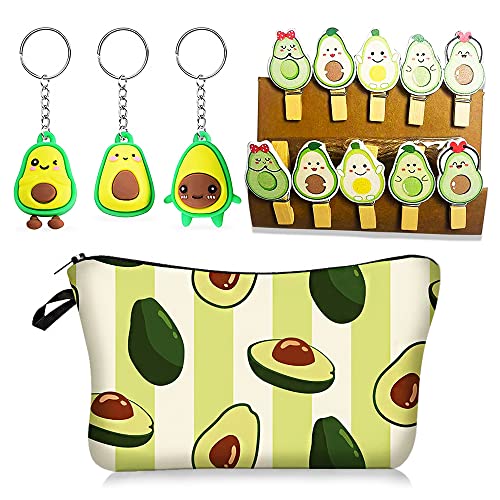 SUNSK Federmäppchen Avocado Cartoon Schlüsselanhänger Federmäppchen mit Avocado-Muster Große Kapazität Mäppchen Avocado Schlüsselanhänger Holzklammern Set für Jungen, Mädchen 14 Stück von SUNSK