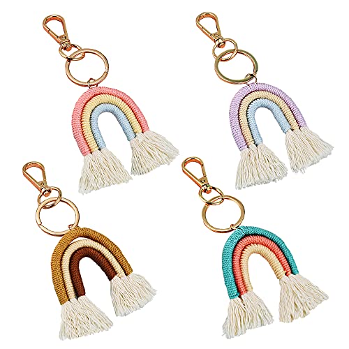 SUNSK Mini Boho Regenbogen Schlüsselanhänger Handgewebte Baumwolle Seil Schlüsselring Makramee Regenbogen Schlüsselbund Pom Pom Quaste Tasche Charm für Frauen 4 Stück von SUNSK