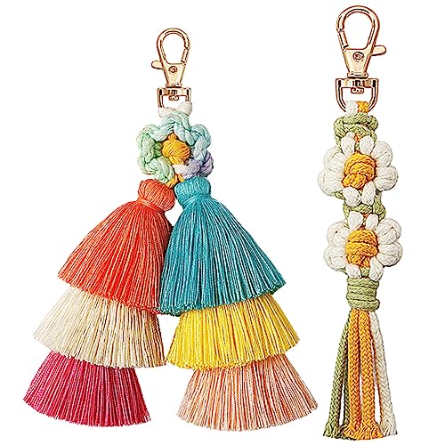 SUNSK Boho Regenbogen Schlüsselanhänger Pom Pom Quaste Tasche Charm Schlüsselring Böhmischen Makramee Schlüsselanhänger Blume Gänseblümchen Design Taschenanhänger von SUNSK