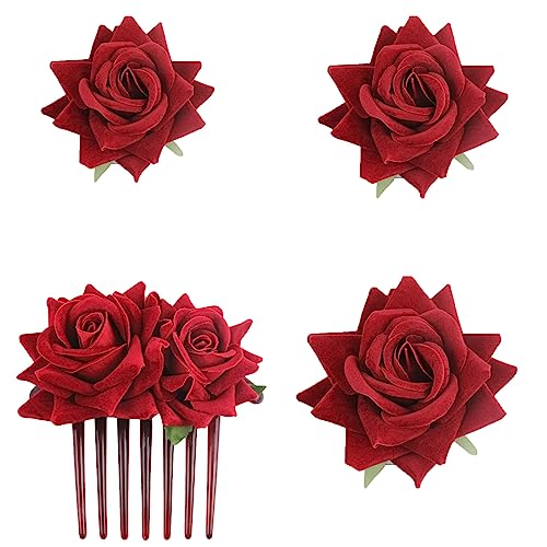 SUNTRADE 4 Stück Frauen Rose Haarnadel, Braut Rose Brosche Haarspange Hochzeit Floral Clips für Frauen Mädchen Party Hochzeit (Rot) von SUNTRADE