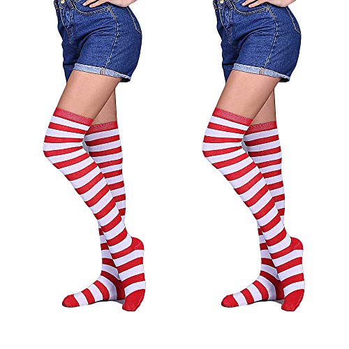 SUNTRADE Extra lange gestreifte Damensocken, Overknee-Socken, gestreift, lang, blickdicht, niedlich, Cosplay, Rot-Weißex2, One size von SUNTRADE