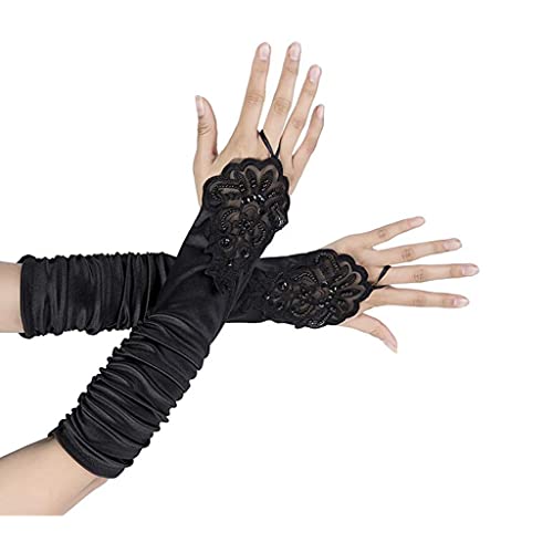 SUNTRADE Damen Spitze Satin Falten Brautparty Fingerlose Handschuhe Pailletten Elegant, Schwarz , One size von SUNTRADE