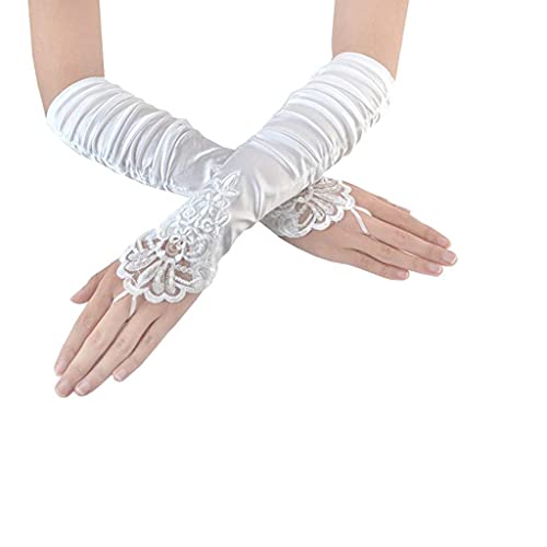 SUNTRADE Fingerlose Damenhandschuhe, Spitze, Satin, gefaltet, Brautparty, Pailletten, elegant, Weiss/opulenter Garten, Einheitsgröße von SUNTRADE