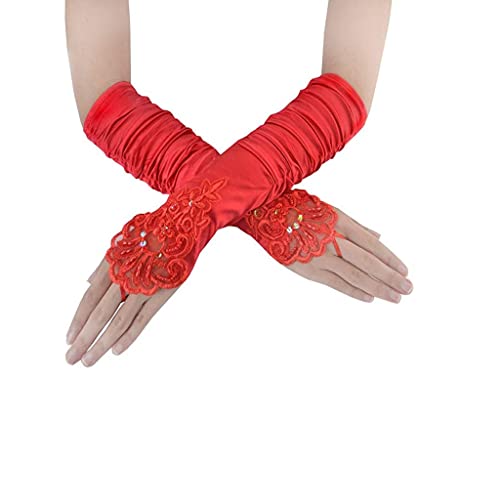 SUNTRADE Damen Spitze Satin Falten Brautparty Fingerlose Handschuhe Pailletten Elegant, rot, One size von SUNTRADE