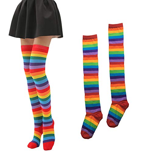 SUNTRADE Extra lange gestreifte Damen-Socken über dem Knie, hohe Strümpfe, blickdicht, niedlich, bunt, Regenbogen-Socken, Cosplay, Party, a, 42 von SUNTRADE