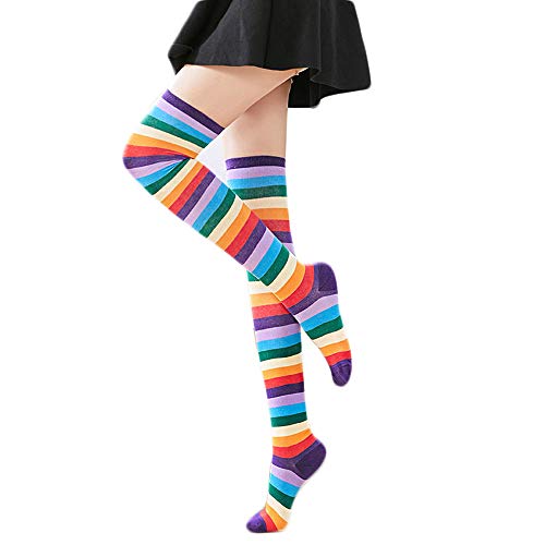 SUNTRADE Extra lange gestreifte Damen-Socken über dem Knie, hohe Strümpfe, blickdicht, niedlich, bunt, Regenbogen-Socken, Cosplay-Party, B, 42 von SUNTRADE