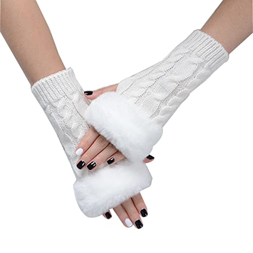 SUNTRADE Fingerlose Damen-Handschuhe, Armstulpen mit Kunstfell, Winter fingerlose Handgelenkwärmer, Weiss/opulenter Garten, Medium von SUNTRADE