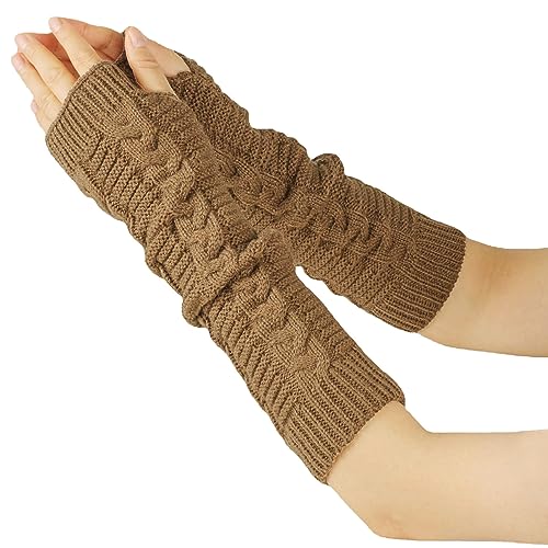 SUNTRADE Fingerlose Handschuhe für Damen, Winter, gestrickt, Daumen, Ellenbogen, Armstulpen (Khaki) von SUNTRADE