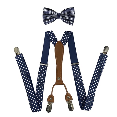 SUNTRADE Herren Hosenträger und Fliege Set, 4 Clips Elastische X Band Hosenträger + Fliege für Hochzeit, formelle Veranstaltung (Marineblau-weiß) von SUNTRADE