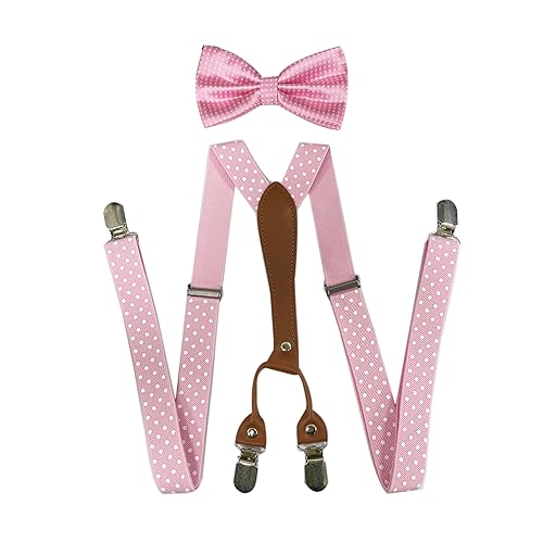 SUNTRADE Herren Hosenträger und Fliege Set, 4 Clips Elastische X Band Hosenträger + Fliege für Hochzeit, formelle Veranstaltung (Rosa-Weiß) von SUNTRADE