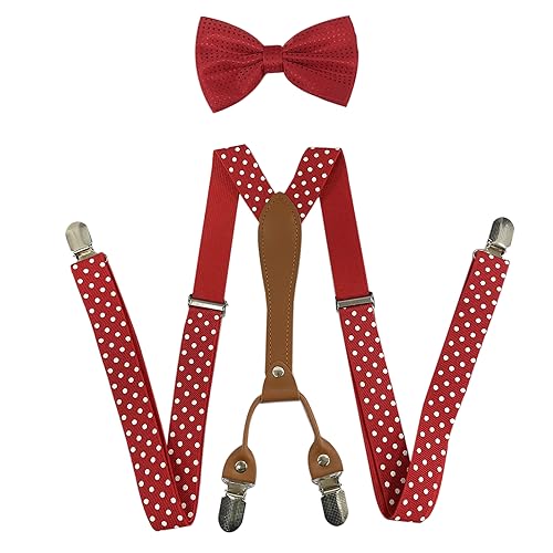 SUNTRADE Herren Hosenträger und Fliege Set, 4 Clips Elastische X Band Hosenträger + Fliege für Hochzeit, formelle Veranstaltung (Rot-Weiß) von SUNTRADE