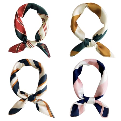 SUNTRADE Quadratischer Satin-Schal für Damen und Mädchen, kleiner Haarschal, quadratischer Halstuch, Haarband, 4 Stück (Streifen) von SUNTRADE