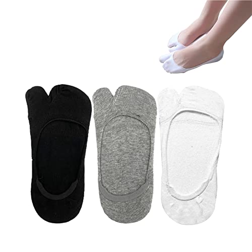 SUNTRADE Tabi No Show Damen-Socken, rutschfeste Flip-Flop-Socken, niedrig geschnitten, japanische Tabi-Zehensocken, 3 Paar, Schwarz+Weiß+Grau, Medium-Large von SUNTRADE