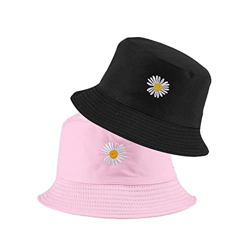 SUNTRADE Unisex Fischerhut, doppelseitig, bestickt, Sommer, Reisen, Strand, Sonnenblende, Outdoor, verstaubare Kappe, Pink-Schwarz, M/L von SUNTRADE