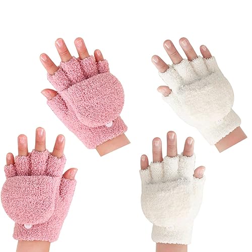 SUNTRADE Warme fingerlose Handschuhe für Damen und Herren, Winter, fingerlose Fäustlinge mit Flip-Top-Abdeckung, gestrickte Wollhandschuhe, 2 Stück, Rosa/Weiß, 38 von SUNTRADE