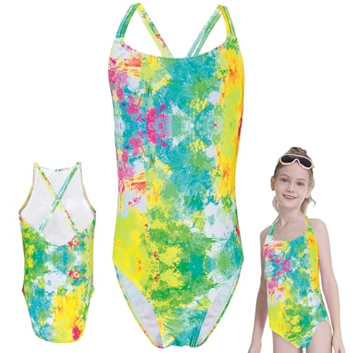 SUNXBUK Badeanzug Einteiler Mädchen，Schwimmanzug Mädchen，Schwimmbekleidung Strandbekleidung ，mit Elastische Schultergurte(Bunte Tie-Dye) 128-134/9 Jahre von SUNXBUK
