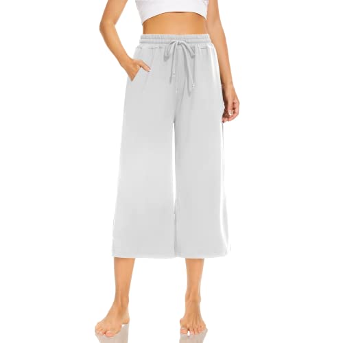 SUNYAA Capri-Yogahose für Damen, weites Bein, lässig, Sommer, Kordelzug, locker, bequem, Lounge, Capri, Sweatpants mit Taschen, Weiss/opulenter Garten, Groß von SUNYAA