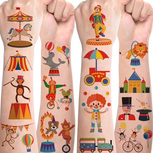 10 Blätter Zirkus Tattoo Kinde Set,Hautfreundlich Clown Kindertattoos Jungen Mädchen Circus Tattoo Sticker,Mitgebsel Kindergeburtstag Gastgeschenke Party Deko Zirkus Kinder von SUNYOVIME