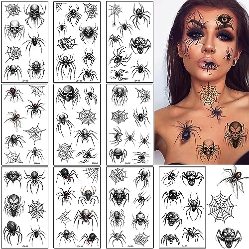 Spinnen Tattoo Karneval Gesicht,10 Blatt Karneval Tattoo Gesicht,Temporäre Spinnennetz Tattoos,Halloween Make Up Tattoo für Körper Mund Face Kostüm Party Vampir Cosplay Schminke-Karneval Deko von SUNYOVIME