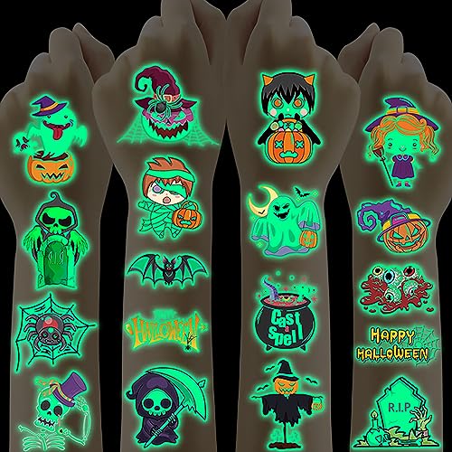 Halloween Tattoo Kinder,10 Blatt Leuchttattoos Kinder,Hautfreundliche Kindertattoos Gesicht Jungen Mädchen Wasserdicht Klebetattoos Halloween,Mitgebsel Kinder Halloweenparty Geschenke leuchtend Deko von SUNYOVIME