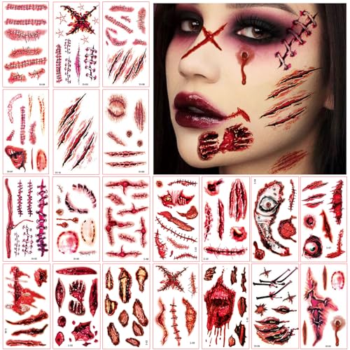 Narben Tattoo Halloween,20 Blatt Halloween Tattoo Gesicht,Halloween Tattoo Wunden Gruselig Blut Tattoo Halloween Make Up Tattoo für Körper Face Mund Kostüm Party Vampir Zombie Cosplay Halloween Deko von SUNYOVIME