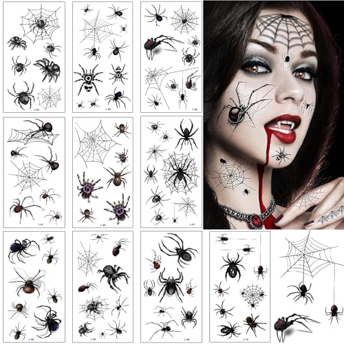 Spinnen Tattoo Karneva,10 Blatt Tattoos Karneval Gesicht,Realistisch Temporäre Tattoo Spinnennetz,Halloween Make Up Tattoo für Körper Face Mund Kostüm Party Vampir Cosplay Schminke Karneval Deko von SUNYOVIME